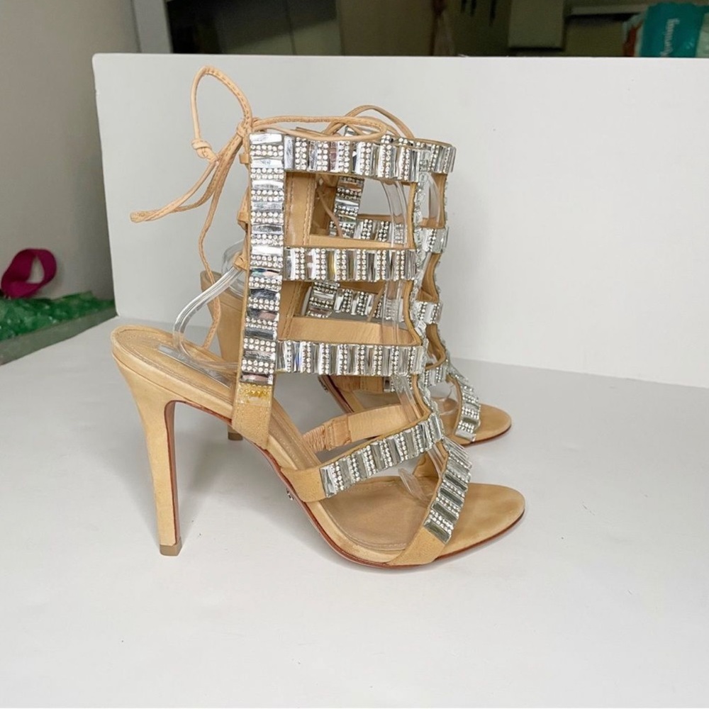 SCHUTZ Suede Paloma Wrap Heels, Color: Oyster, 40 EU/9 US Embellished St… - Picture 5 of 12